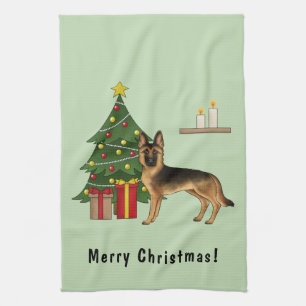 Black And Tan German Shepherd And A Christmas Tree Tea Towel