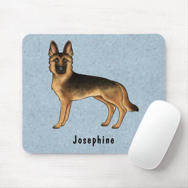 Black And Tan German Shepherd And Custom Name Blue Mouse Mat (With Mouse)