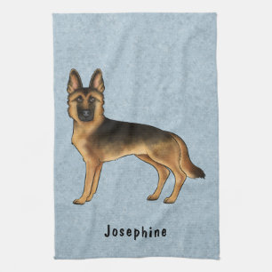Black And Tan German Shepherd And Custom Name Blue Tea Towel