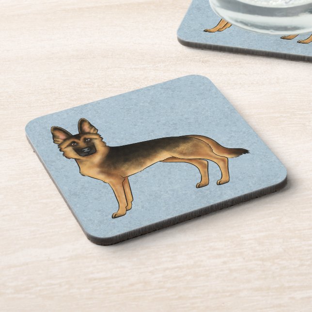 Black And Tan German Shepherd Cartoon GSD Dog Blue Coaster (Left Side)