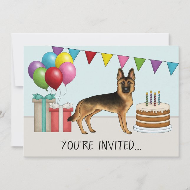 Black And Tan German Shepherd Colourful Birthday Invitation (Front)