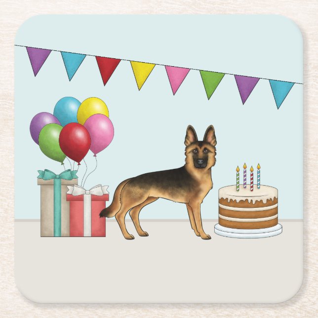 Black And Tan German Shepherd Colourful Birthday Square Paper Coaster (Front)