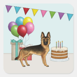 Black And Tan German Shepherd Colourful Birthday Square Sticker