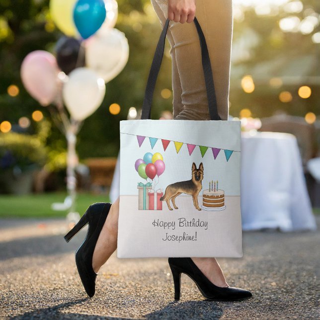 Black And Tan German Shepherd Colourful Birthday Tote Bag (Please note: This image is a digital mockup. The product may not be in scale.)