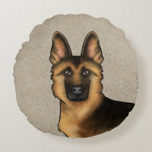 Black And Tan German Shepherd Cute Dog Head Beige Round Cushion