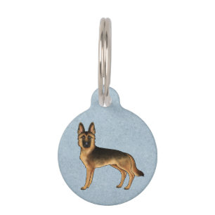 Black And Tan German Shepherd Dog Standing On Blue Pet Tag