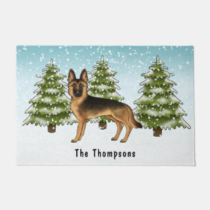 Black And Tan German Shepherd Dog Winter Forest Doormat
