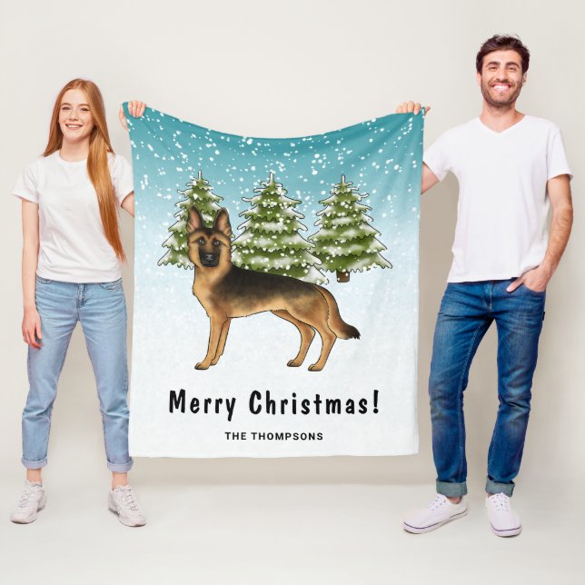 Black And Tan German Shepherd Dog Winter Forest Fleece Blanket (In Situ)