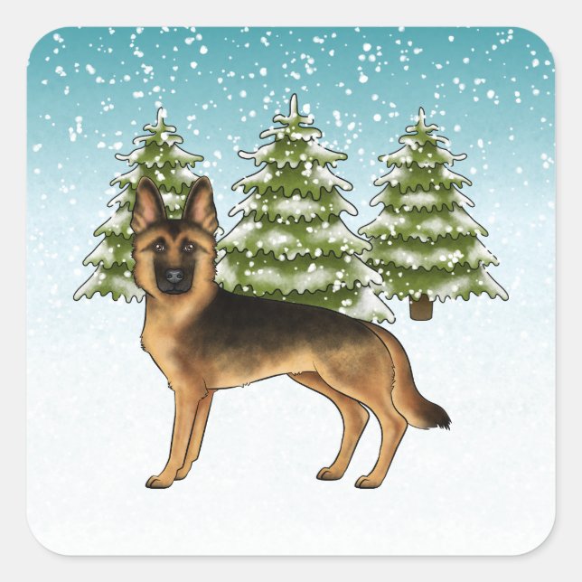 Black And Tan German Shepherd Dog Winter Forest Square Sticker (Front)