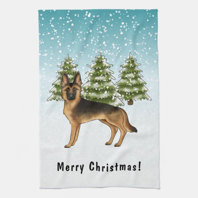 Black And Tan German Shepherd Dog Winter Forest Tea Towel (Vertical)