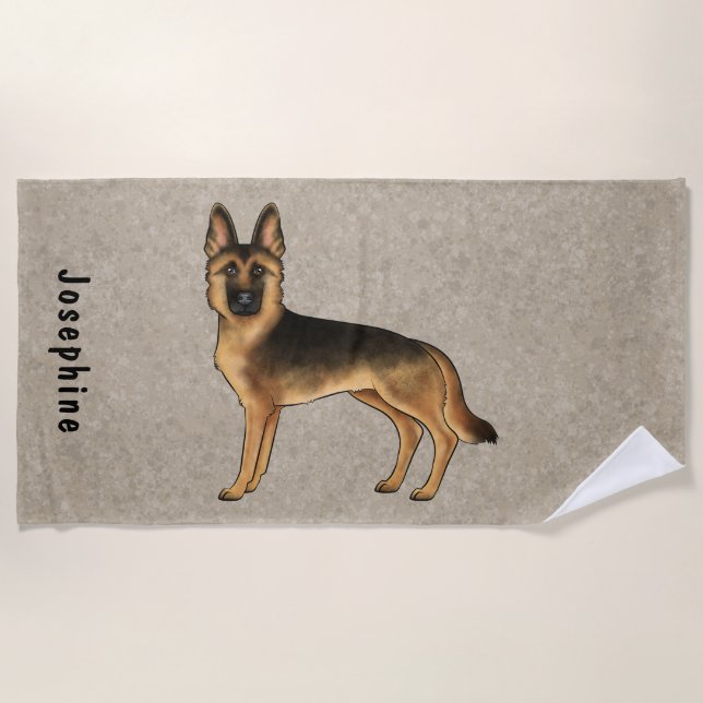 Black And Tan German Shepherd Dog With Custom Name Beach Towel (Front)