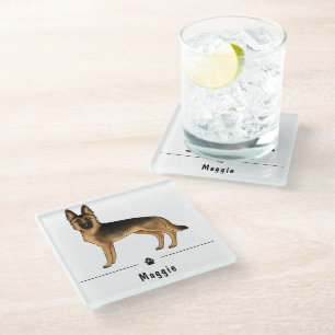 Black And Tan German Shepherd Dog With Custom Name Glass Coaster
