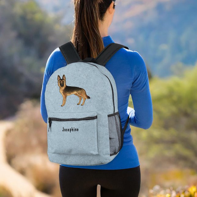 Black And Tan German Shepherd Dog With Custom Text Printed Backpack (Please note: This image is a digital mockup. The product may not be in scale.)