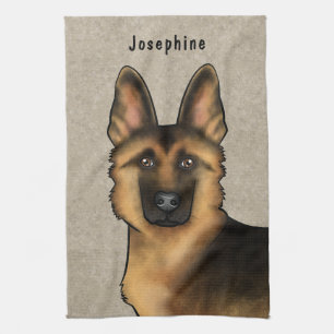Black And Tan German Shepherd Head And Name Beige Tea Towel