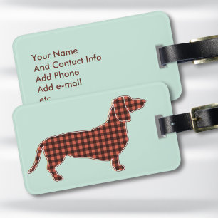Black and Tan Gingham Dachshund Mint Luggage Tag