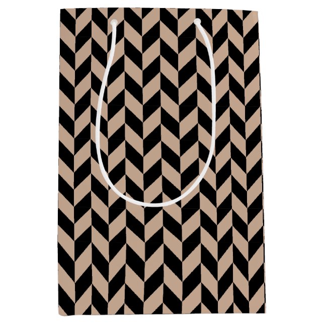 Black and Tan Herringbone Wrapping Paper Medium Gift Bag (Front)