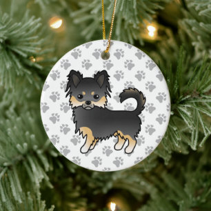 Black And Tan Long Coat Chihuahua Cute Dog & Paws Ceramic Tree Decoration