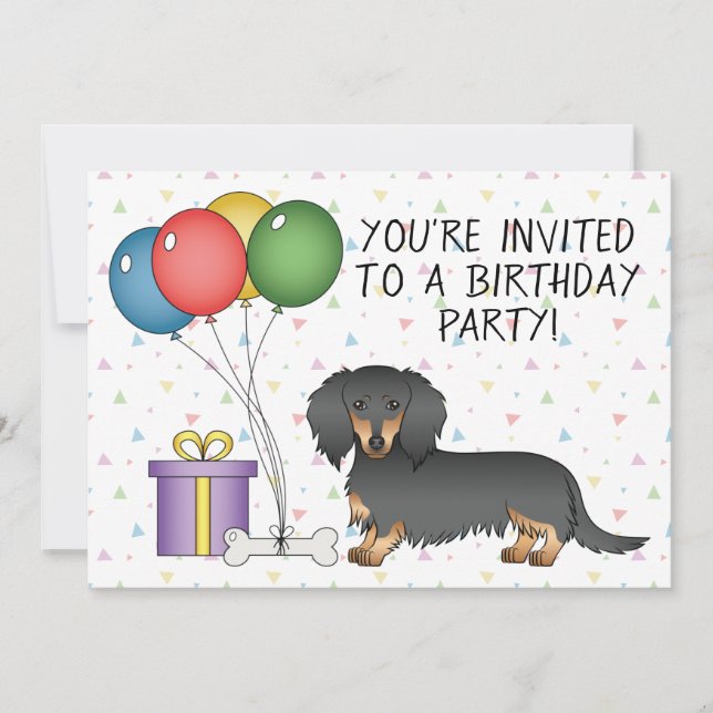 Black And Tan Long Hair Dachshund Birthday Party Invitation (Front)