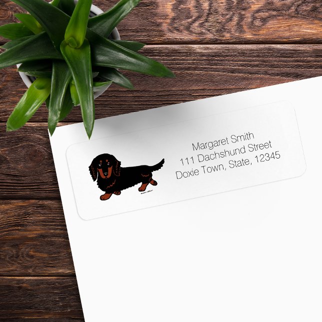 Black and Tan Long Haired Dachshund 1 (Black and Tan Long Haired Dachshund Return Address Label featuring Doxie walking.  Cartoon Design.)