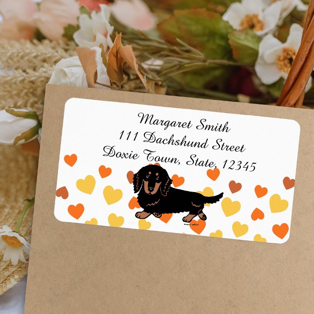 Black and Tan Long Haired Dachshund 1 Label (Black and Tan Long Haired Dachshund Return Address Label featuring Dachshund Walking.  Cartoon.)