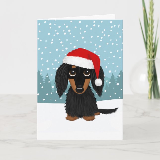 Black and Tan Longhaired Dachshund Dog Christmas Holiday Card (Front)