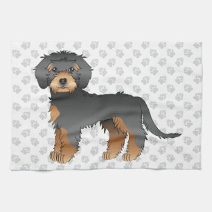 Black And Tan Mini Goldendoodle Cartoon Dog & Paws Tea Towel