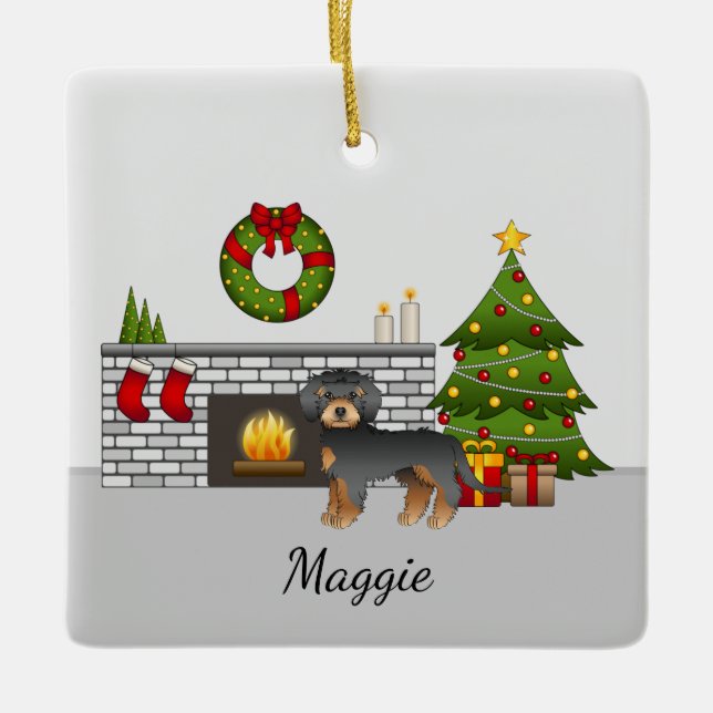 Black And Tan Mini Goldendoodle - Christmas Room Ceramic Ornament (Front)