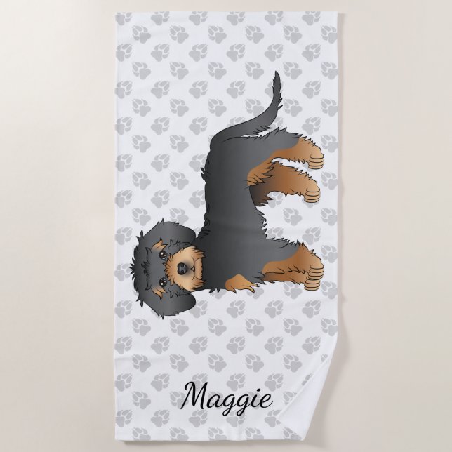 Black And Tan Mini Goldendoodle Dog & Name Beach Towel (Front)
