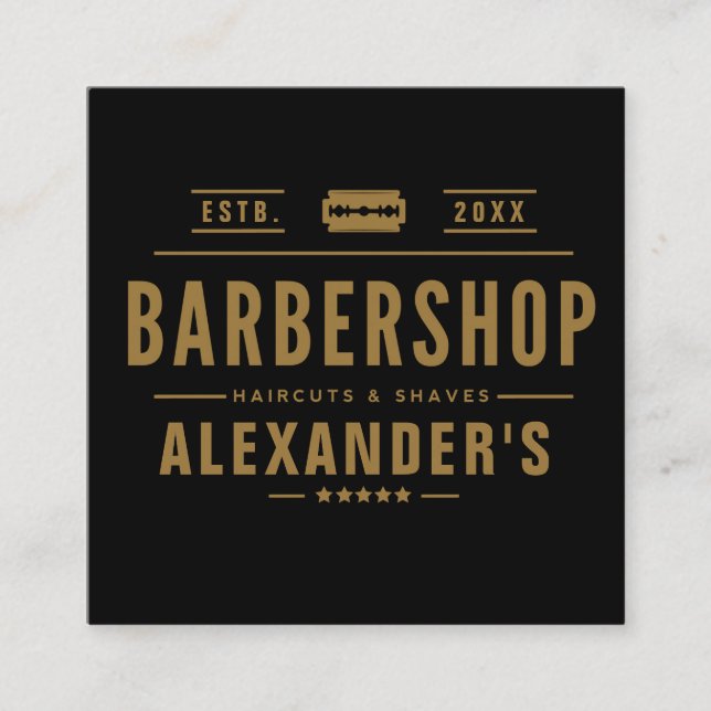 Black and Tan Modern  Barbershop Square Square Business Card (Front)