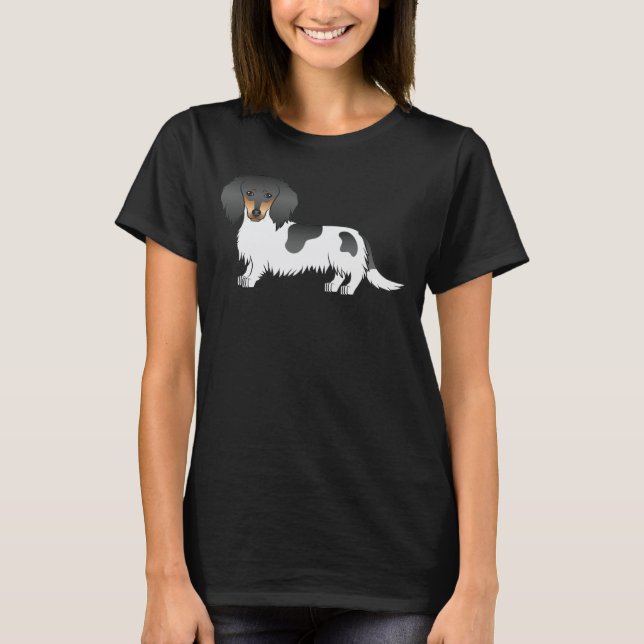 Black And Tan Piebald Long Hair Dachshund Dog T-Shirt (Front)