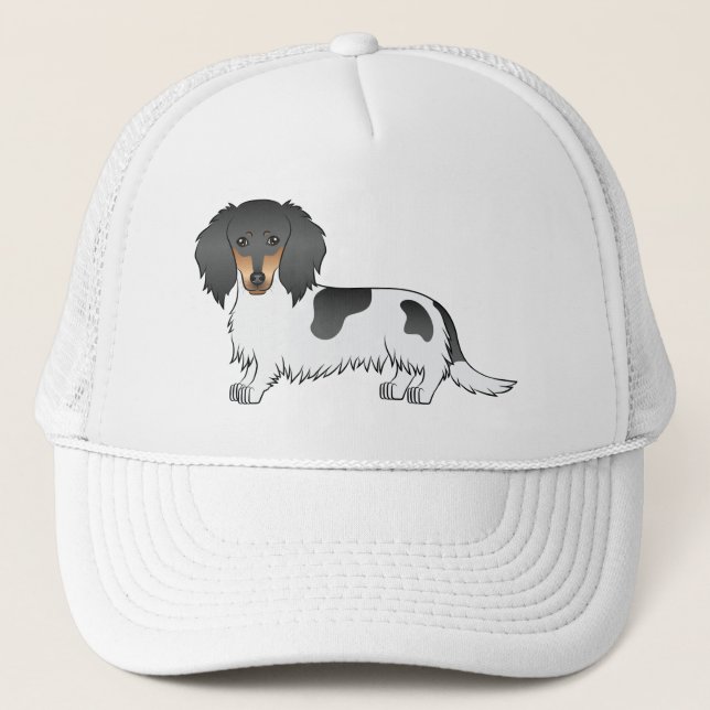 Black And Tan Piebald Long Hair Dachshund Dog Trucker Hat (Front)