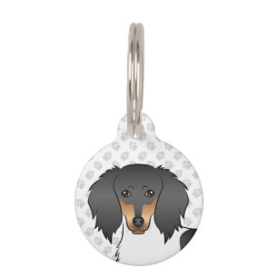 Black And Tan Piebald Long Hair Dachshund Head Pet Tag