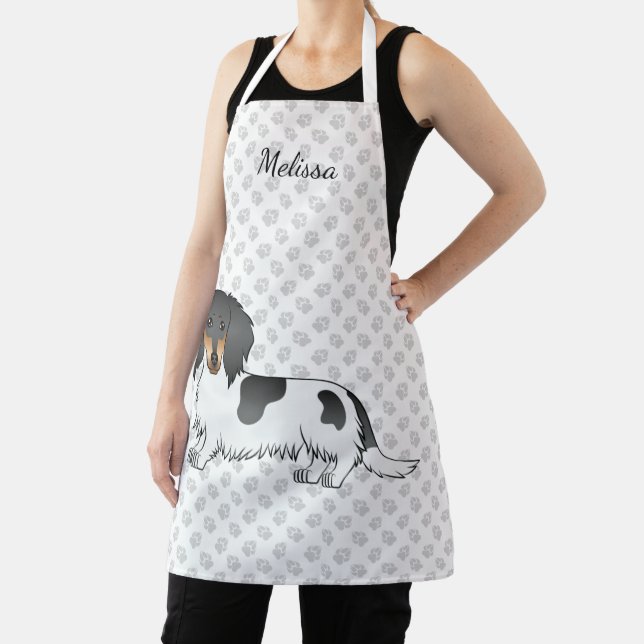Black And Tan Piebald Long Hair Dachshund & Name Apron (Insitu)