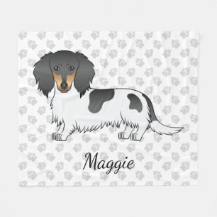 Black And Tan Piebald Long Hair Dachshund & Name Fleece Blanket