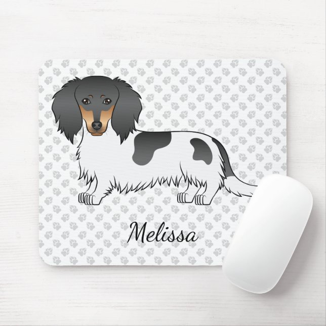 Black And Tan Piebald Long Hair Dachshund & Name Mouse Mat (With Mouse)