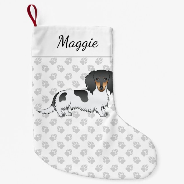 Black And Tan Piebald Long Hair Dachshund & Name Small Christmas Stocking (Front)