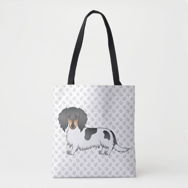 Black And Tan Piebald Long Hair Dachshund & Paws Tote Bag (Front)