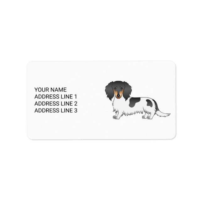 Black And Tan Piebald Long Hair Dachshund & Text Label (Front)