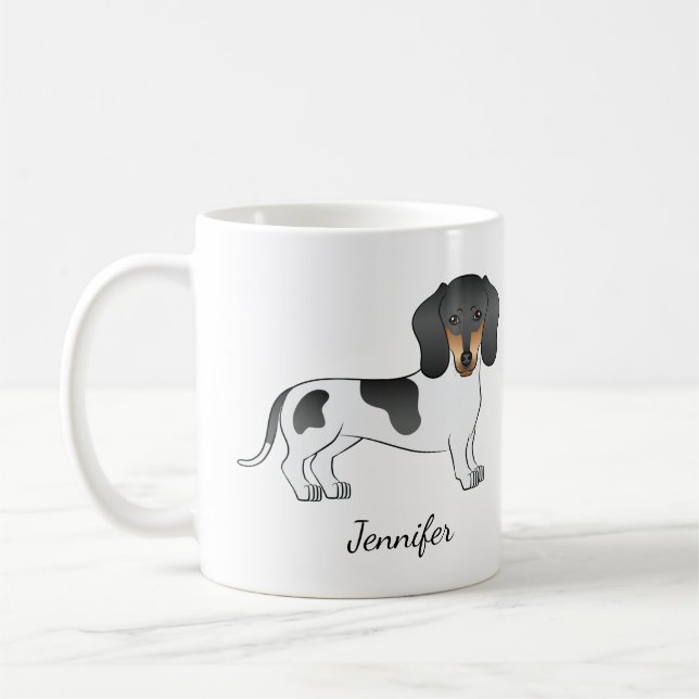 Black And Tan Piebald Short Hair Dachshund & Name Coffee Mug (Left)