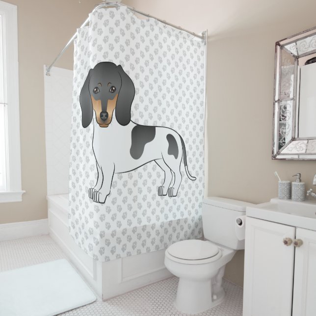 Black And Tan Piebald Short Hair Dachshund & Paws Shower Curtain (In Situ)