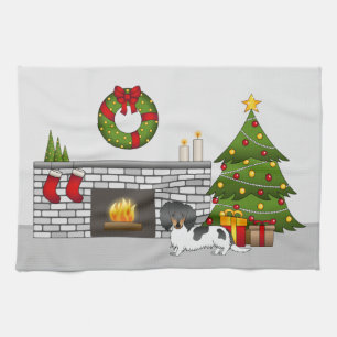 Black And Tan Pied Long Hair Dachshund Christmas Tea Towel