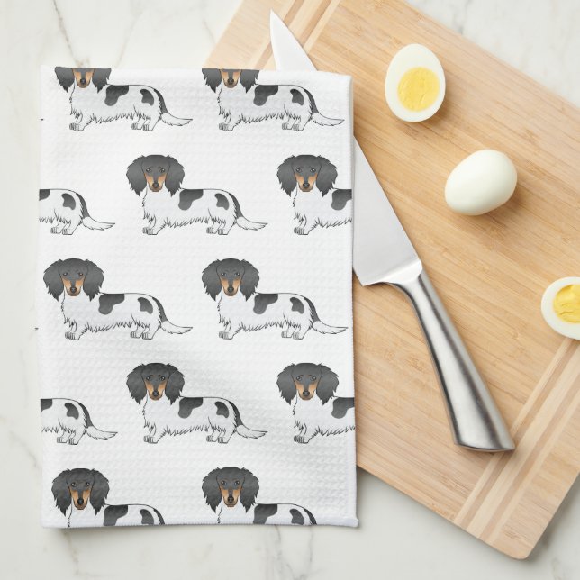 Black And Tan Pied Long Hair Dachshund Pattern Tea Towel (Quarter Fold)
