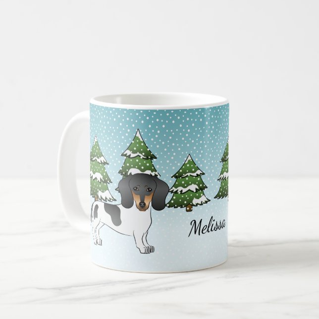 Black And Tan Pied Short Hair Dachshund In Winter Coffee Mug (Front Left)