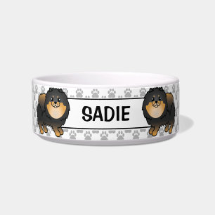 Black And Tan Pomeranian Cute Cartoon Dog & Name Bowl