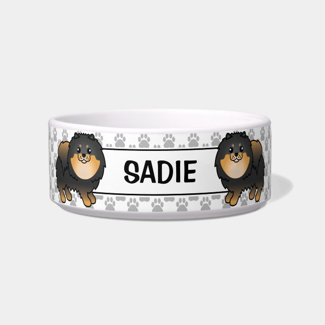 Black And Tan Pomeranian Cute Cartoon Dog & Name Bowl (Front)
