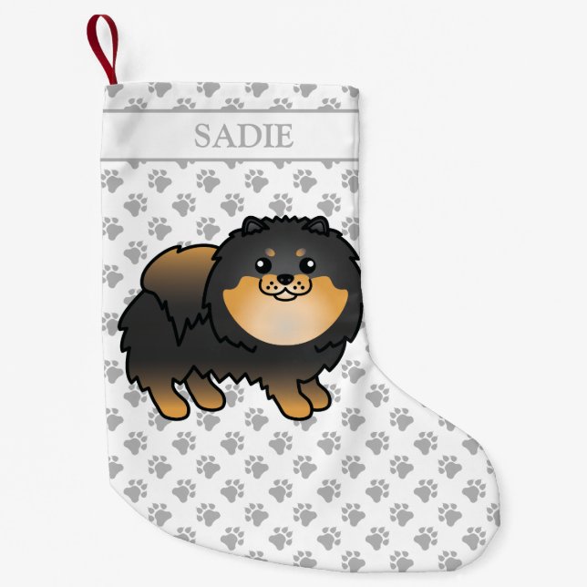 Black And Tan Pomeranian Cute Cartoon Dog & Name Small Christmas Stocking (Front)