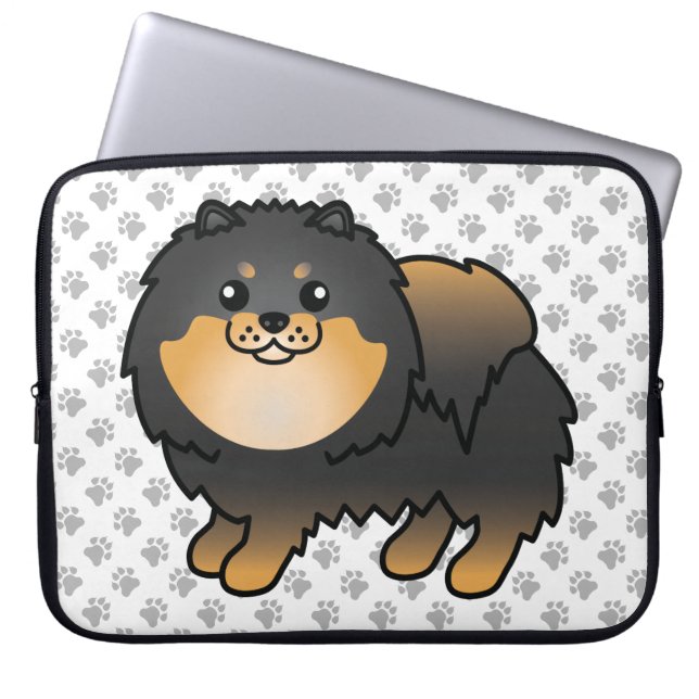 Black And Tan Pomeranian Cute Cartoon Dog & Paws Laptop Sleeve (Front)