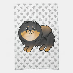 Black And Tan Pomeranian Cute Cartoon Dog & Paws Tea Towel