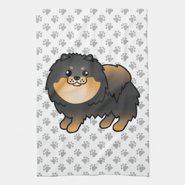 Black And Tan Pomeranian Cute Cartoon Dog & Paws Tea Towel (Vertical)