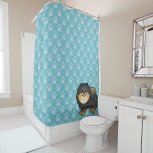 Black And Tan Pomeranian On Blue And Dog Paws Shower Curtain